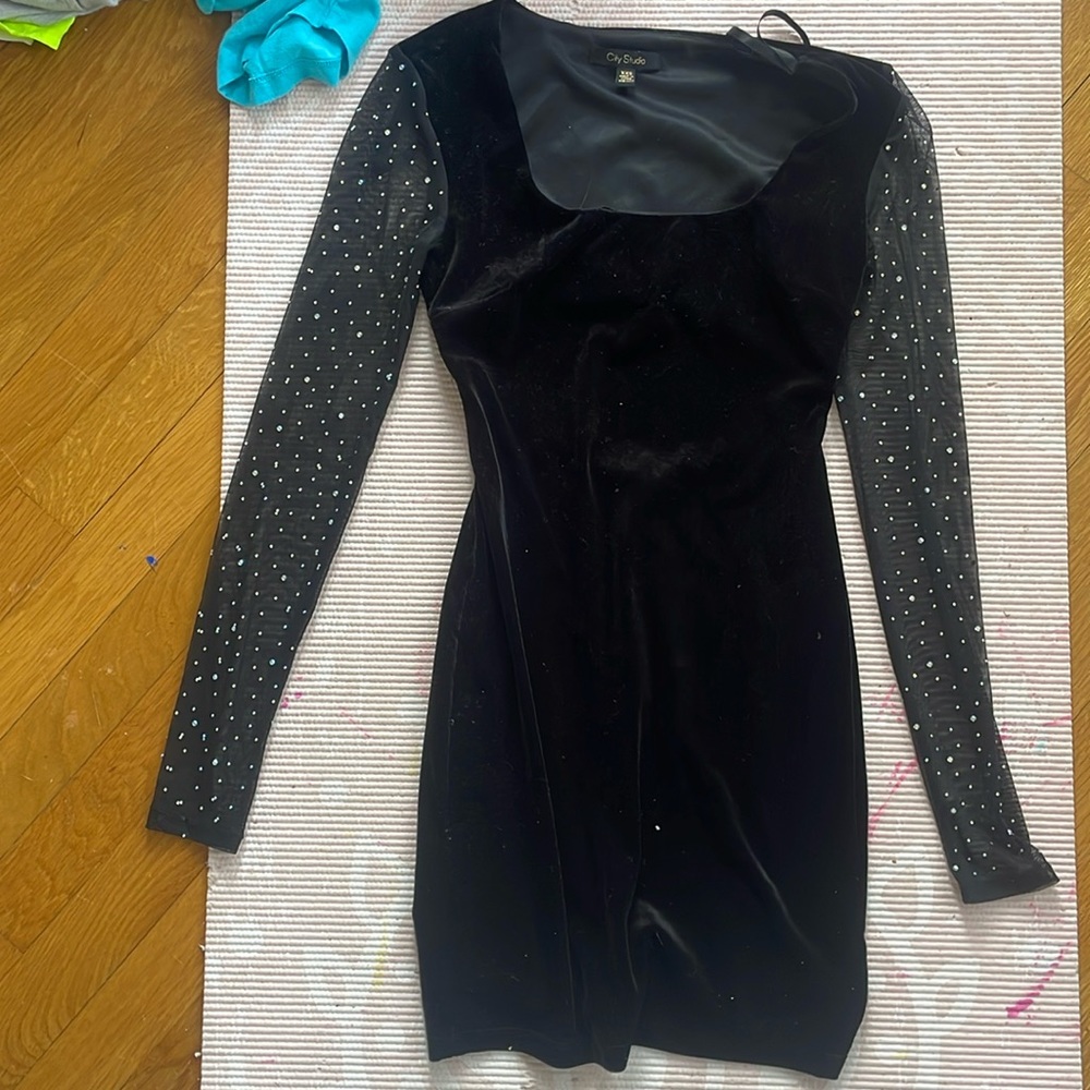 Black Dress with Mesh Rhinestone Sleeves